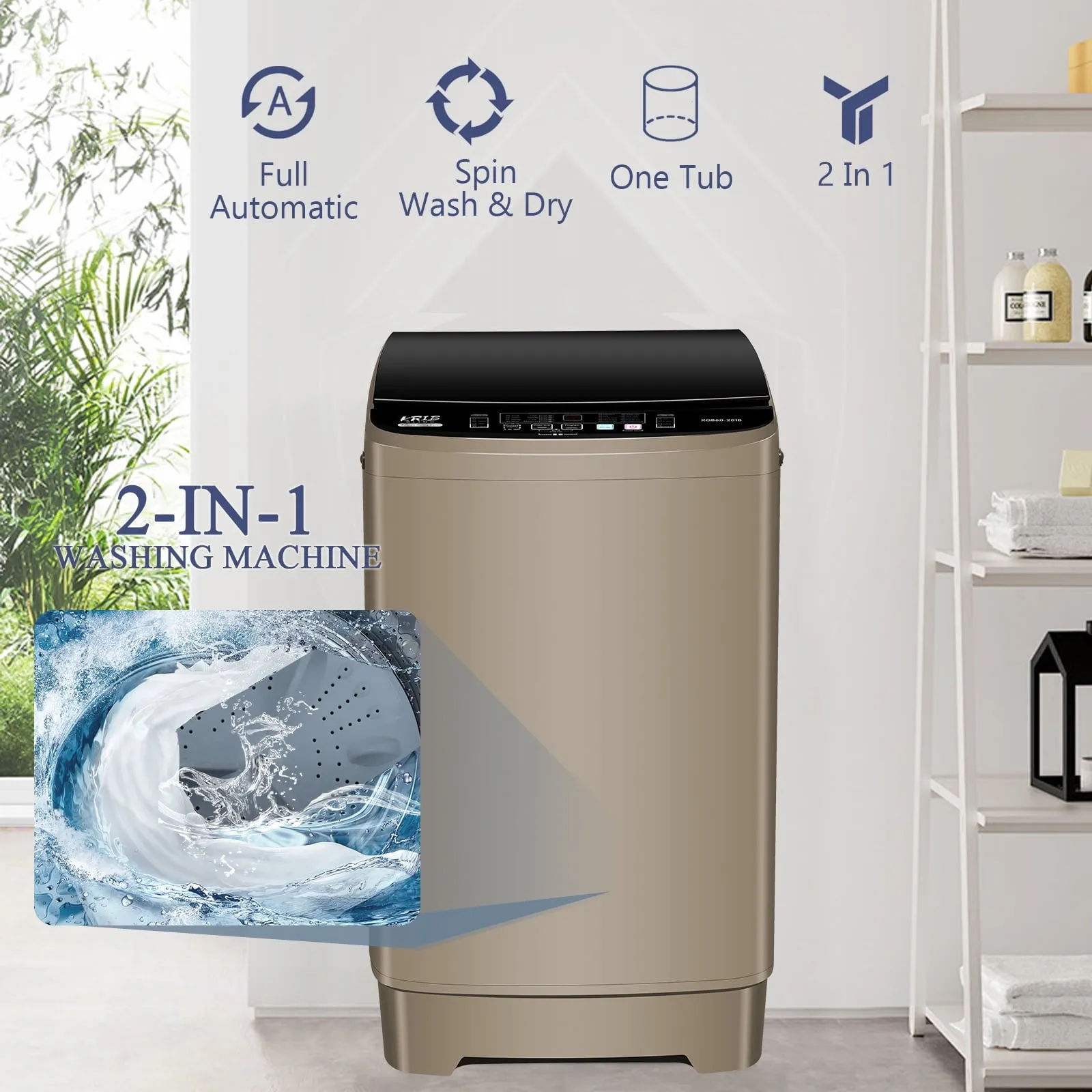 15.6 Lbs Full-Automatic Washing Machine, KRIB BLING Portable Compact Laundry Washer with Drain Pump, 10 Wash Programs 8 Water Levels with LED Display, Gold