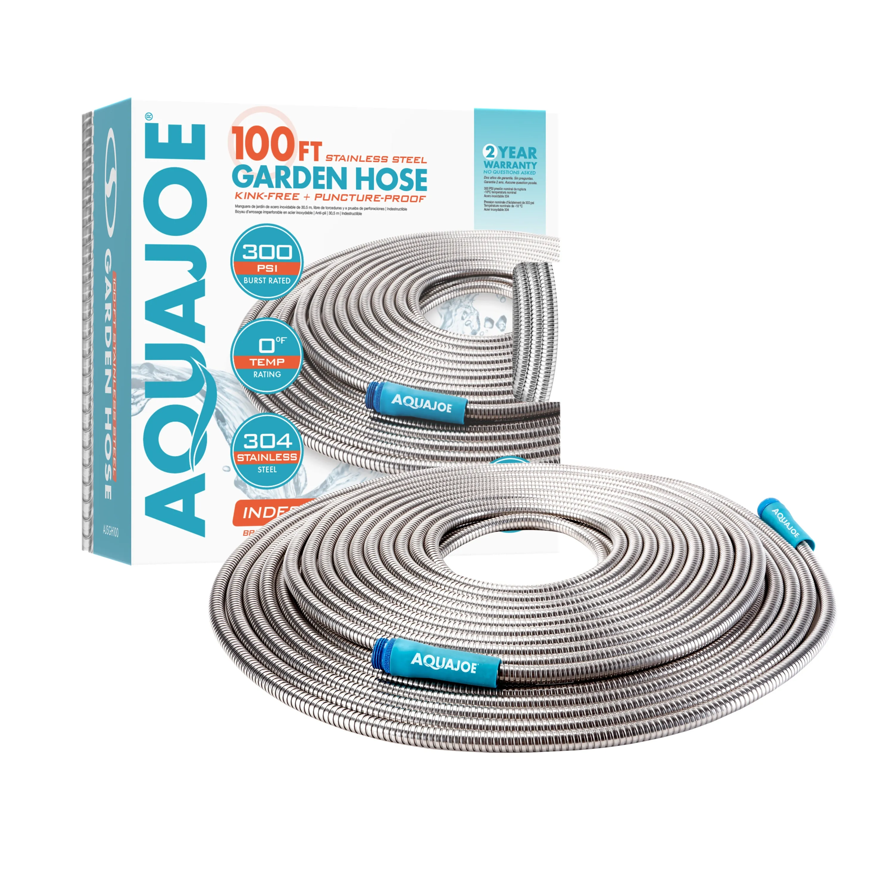 Aqua Joe AJSGH100 Heavy-Duty Puncture Proof Kink-Free Metal Garden Hose | 100-Foot | 304-Stainless Steel | Spiral Constructed | 1/2-Inch Diameter