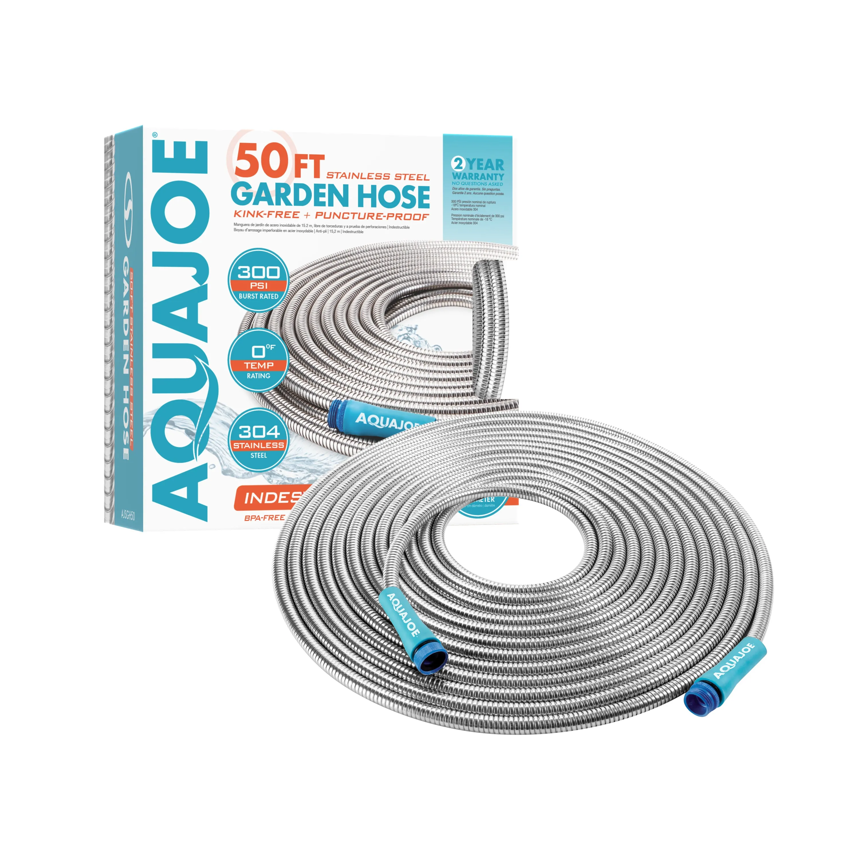 Aqua Joe AJSGH50 Heavy-Duty Puncture Proof Kink-Free Metal Garden Hose | 50-Foot | 304-Stainless Steel | Spiral Constructed | 1/2-Inch Diameter