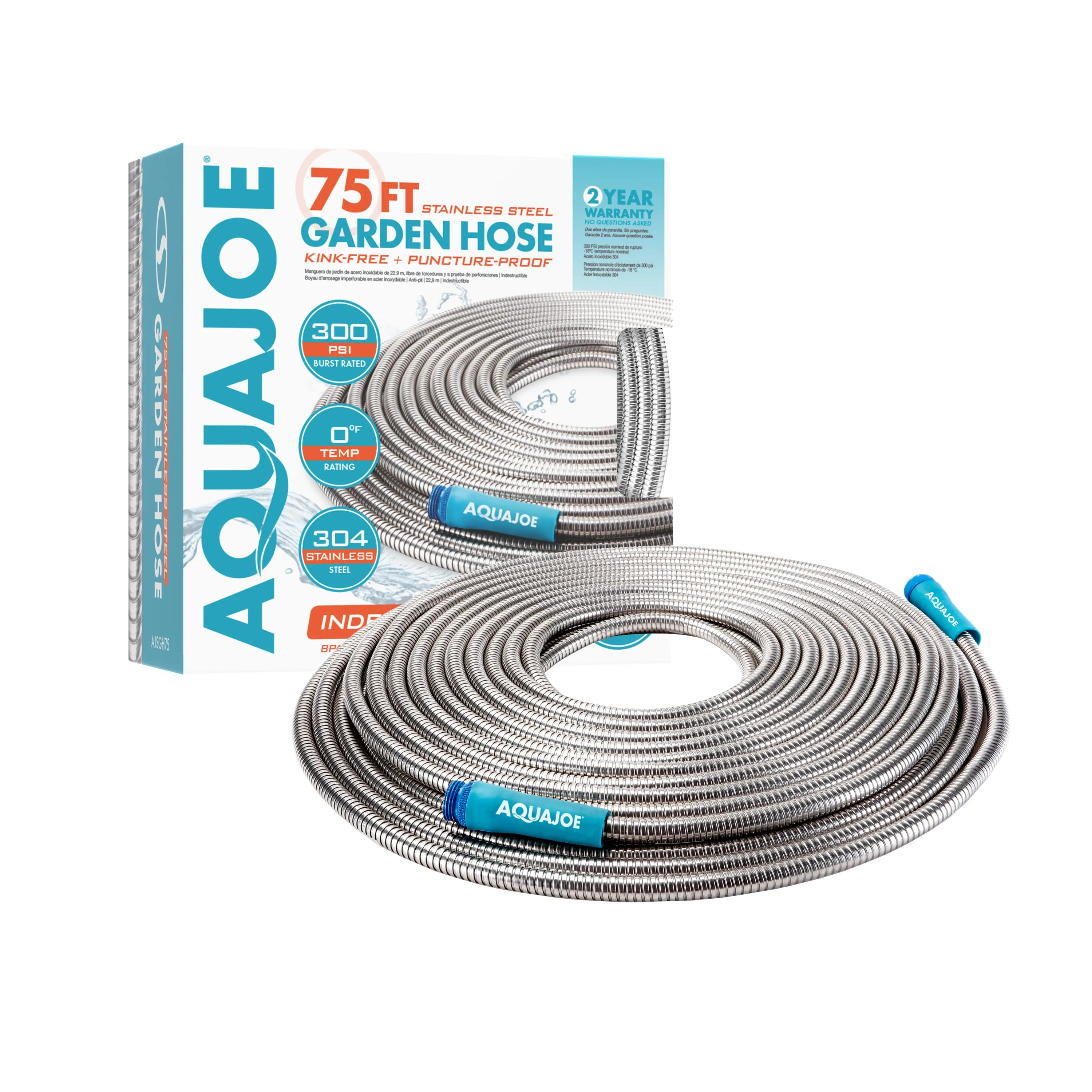 Aqua Joe AJSGH75 Heavy-Duty Puncture Proof Kink-Free Metal Garden Hose | 75-Foot | 304-Stainless Steel | Spiral Constructed | 1/2-Inch Diameter