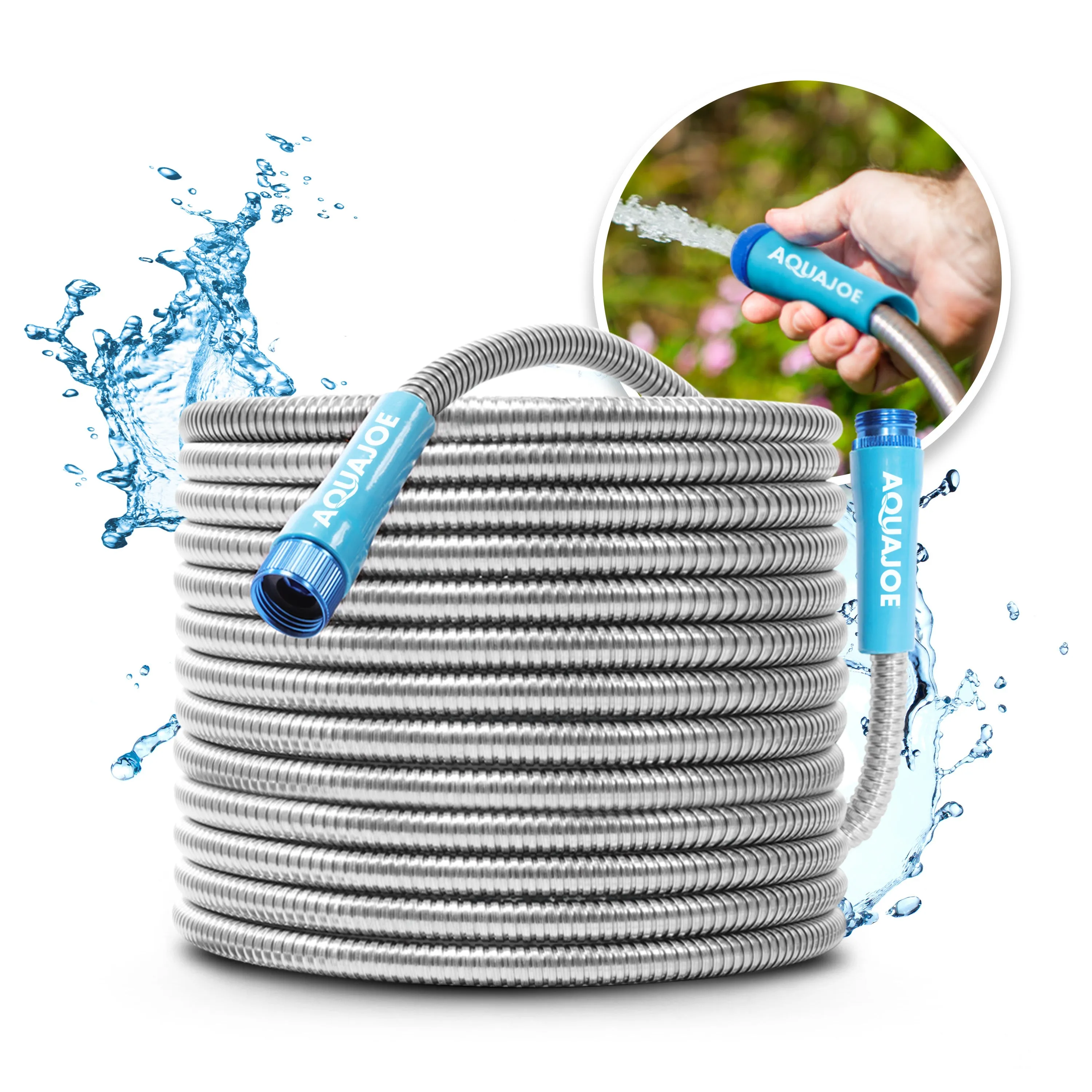 Aqua Joe AJSGH75 Heavy-Duty Puncture Proof Kink-Free Metal Garden Hose | 75-Foot | 304-Stainless Steel | Spiral Constructed | 1/2-Inch Diameter