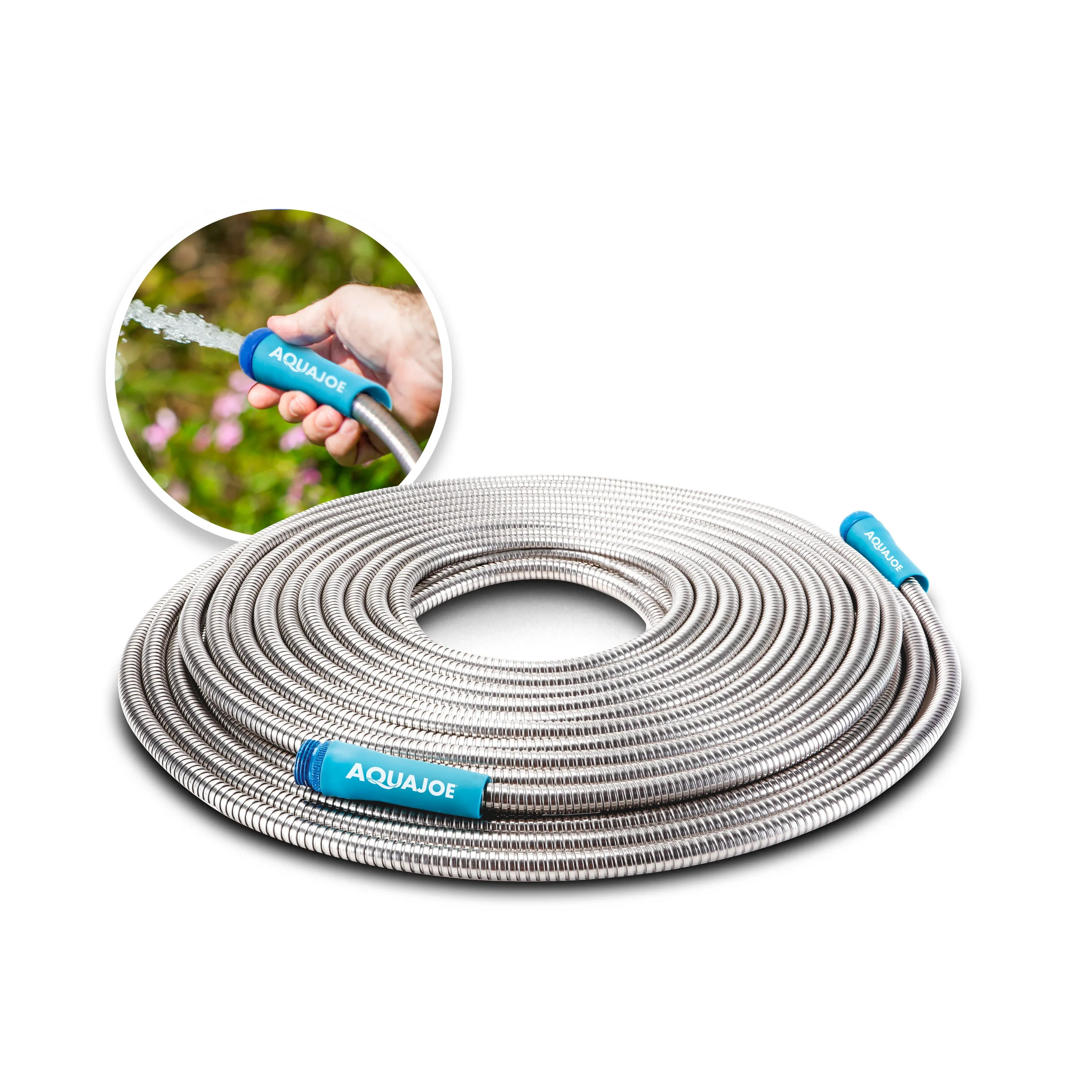 Aqua Joe AJSGH75 Heavy-Duty Puncture Proof Kink-Free Metal Garden Hose | 75-Foot | 304-Stainless Steel | Spiral Constructed | 1/2-Inch Diameter