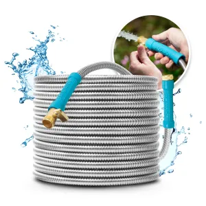 Aqua Joe AJSGH75-MAX Heavy-Duty Puncture Proof Kink-Free Garden Hose | 75-Foot | 1/2-Inch | w/ Brass Fitting & On/Off Valve | Spiral Constructed 304-Stainless Steel Metal