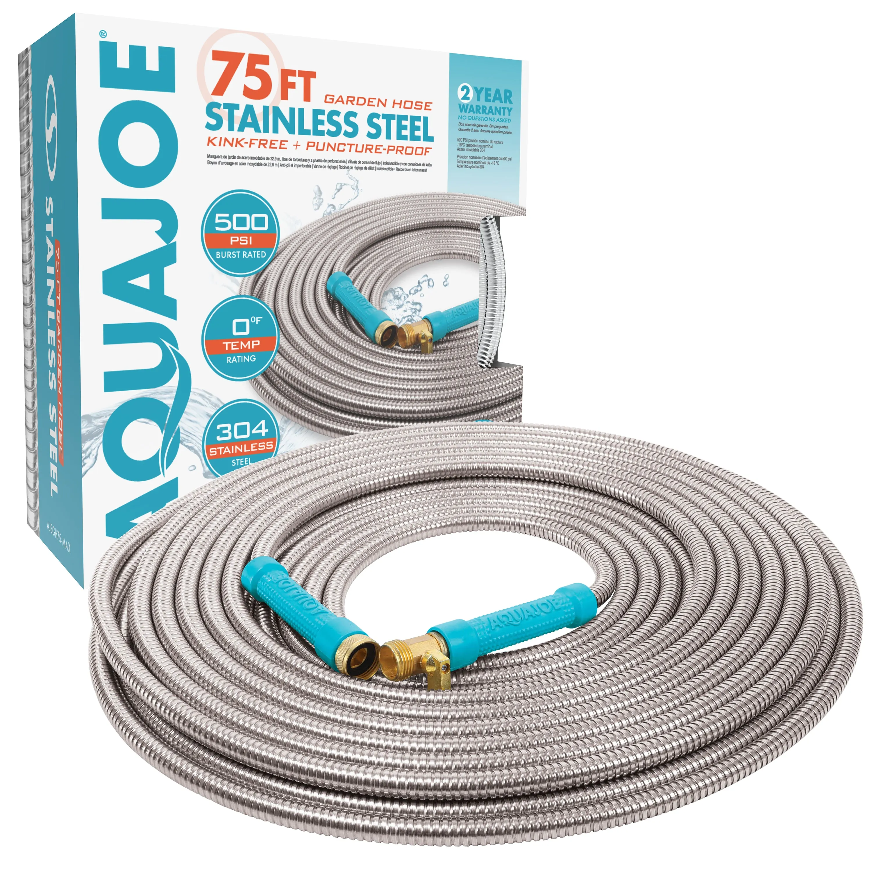 Aqua Joe AJSGH75-MAX Heavy-Duty Puncture Proof Kink-Free Garden Hose | 75-Foot | 1/2-Inch | w/ Brass Fitting & On/Off Valve | Spiral Constructed 304-Stainless Steel Metal