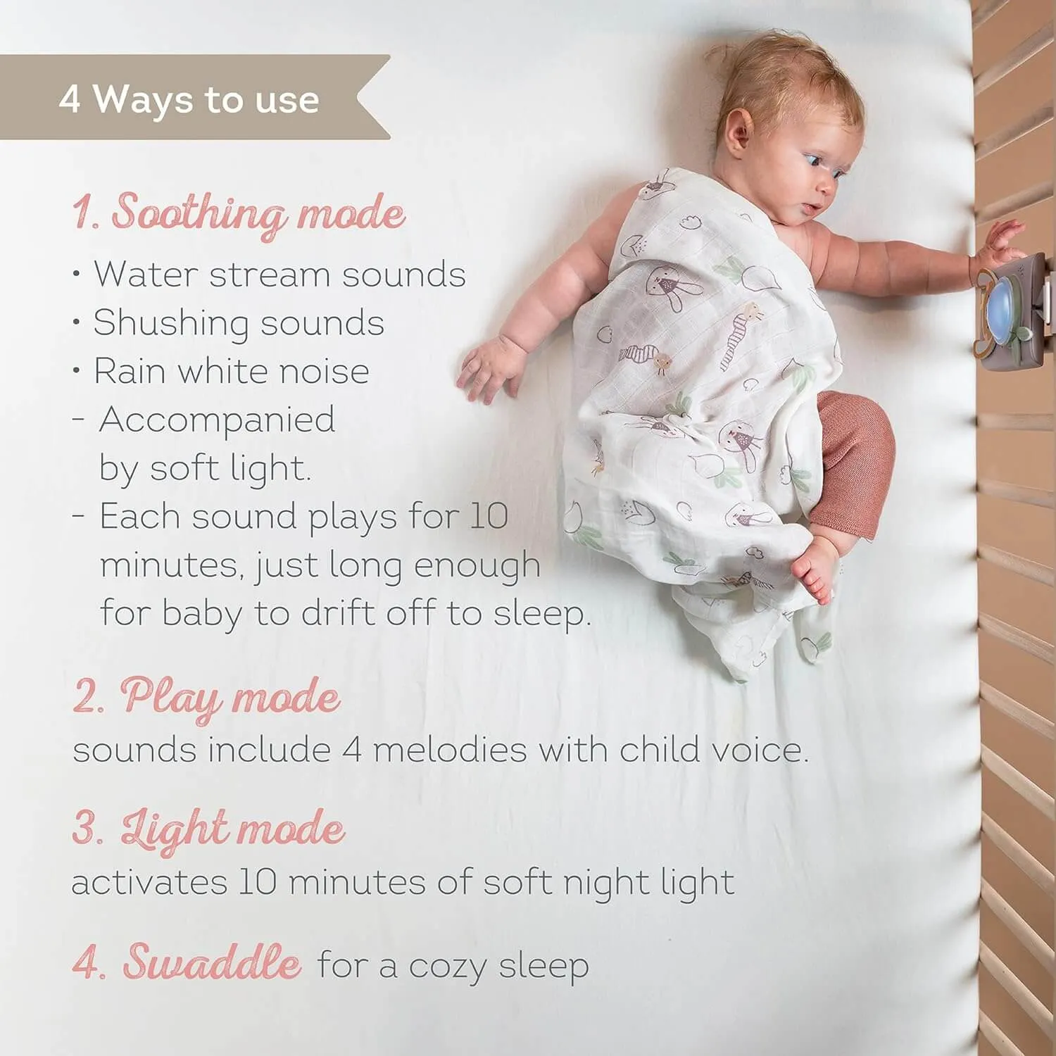 Baby Soothing Sound Machine with Cry Activated Sensor Bunny Soother and Swaddle Set