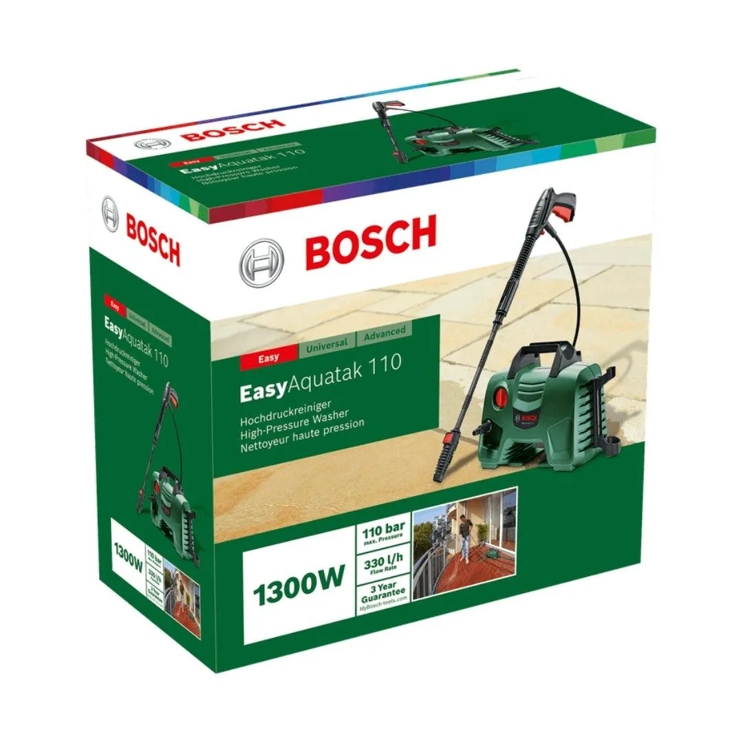 Bosch EasyAquatak 110 Bar Pressure Washer | 1300W Powerful Motor | 330 L/H Water Flow | Compact & Portable | Premium Accessories