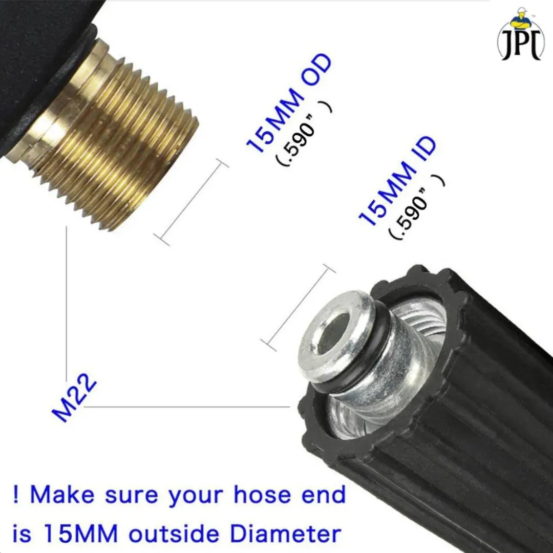 JPT Heavy Duty 15-Metre Super Flexible Pressure Washer Hose Pipe | American Standard M22 Thread With O-Ring Seals | Up To 3200 PSI Pressure | Compatible With Many Washer Brands | M22-15mm Thread Fitting Included