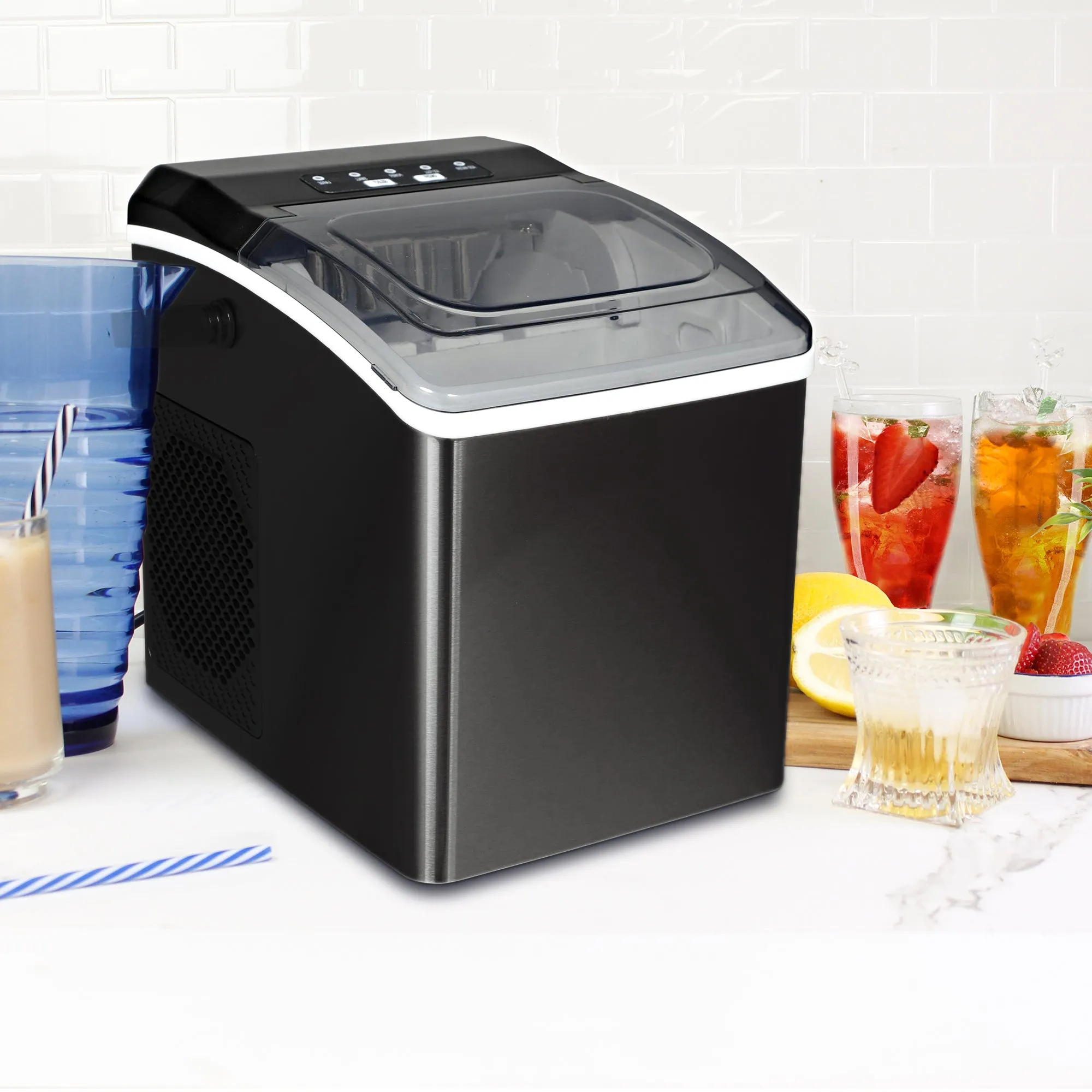 Koolatron Countertop Ice Machine | Portable Ice Maker | 26Lbs/24Hrs | 9 Ice Cubes Ready in 6 Mins | 2 Sizes Of Ice Pellets | Ice Scoop & Basket Included | Self-Cleaning | Black Stainless Steel