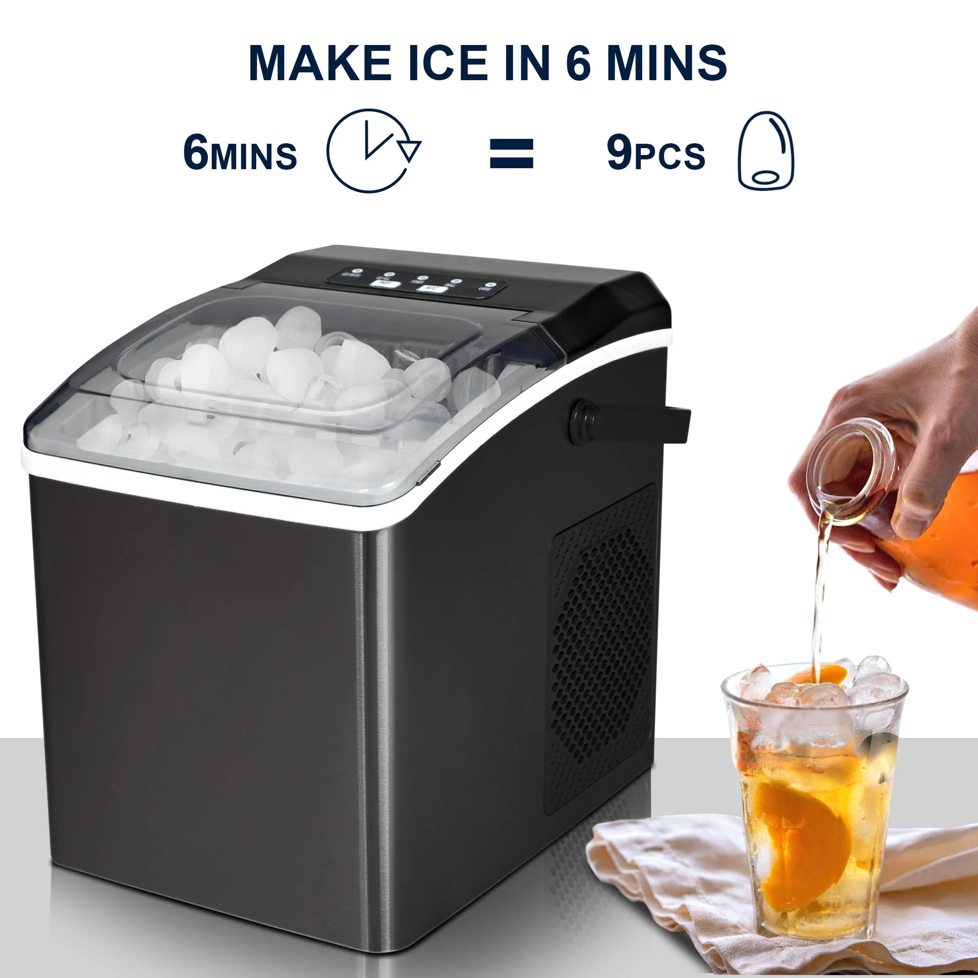 Koolatron Countertop Ice Machine | Portable Ice Maker | 26Lbs/24Hrs | 9 Ice Cubes Ready in 6 Mins | 2 Sizes Of Ice Pellets | Ice Scoop & Basket Included | Self-Cleaning | Black Stainless Steel