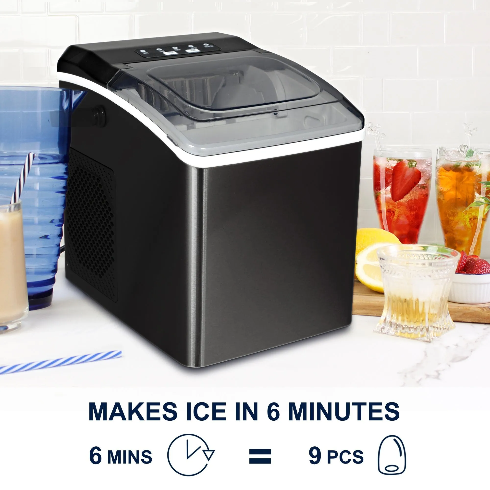 Koolatron Countertop Ice Machine | Portable Ice Maker | 26Lbs/24Hrs | 9 Ice Cubes Ready in 6 Mins | 2 Sizes Of Ice Pellets | Ice Scoop & Basket Included | Self-Cleaning | Black Stainless Steel