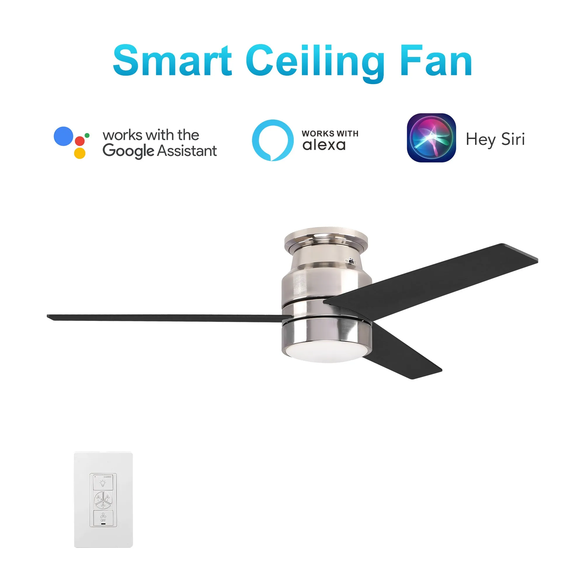 RAIDEN 52 inch 3-Blade Flush Mount Smart Ceiling Fan with LED Light Kit & Smart Wall Switch  - Silver/Black